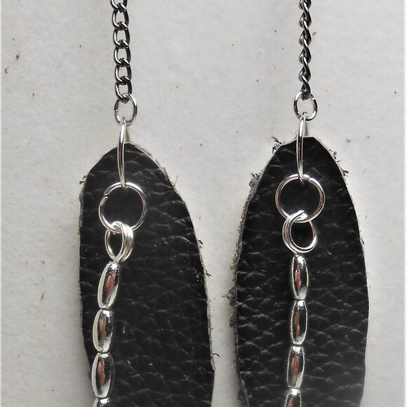 No.1133 Handmade earrings with leather pieces 2 1/2 inches long - Picture 2 of 4